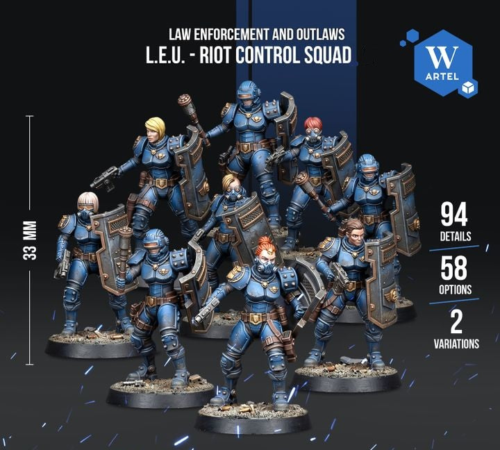 A group of blue-armored soldiers in tactical gear, representing the "Law Enforcement and Outlaws" riot control squad.