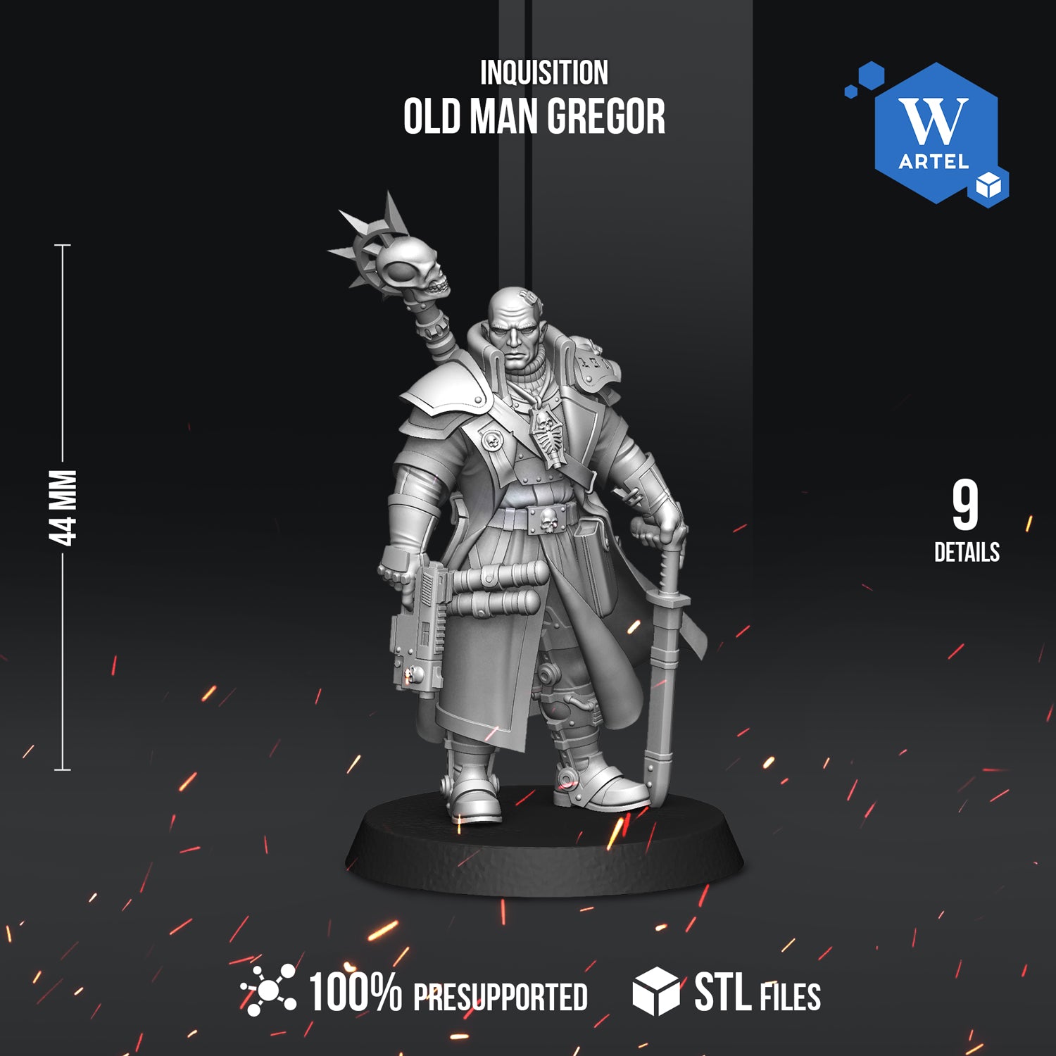 a detailed 3D model of a character named Old Man Gregor, who is holding a sword and a staff. The character is standing on a platform and is surrounded by sparks, suggesting an intense or dramatic scene. The image is a collage of multiple images, and it is described as a "collage of multiple images" and "STL files". The image is not a single image but a collection of images that together create a cohesive scene.