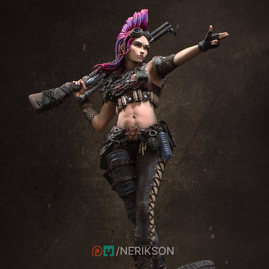 A female character with a punk rock aesthetic, wearing a leather outfit, holding a gun, and pointing with one hand.