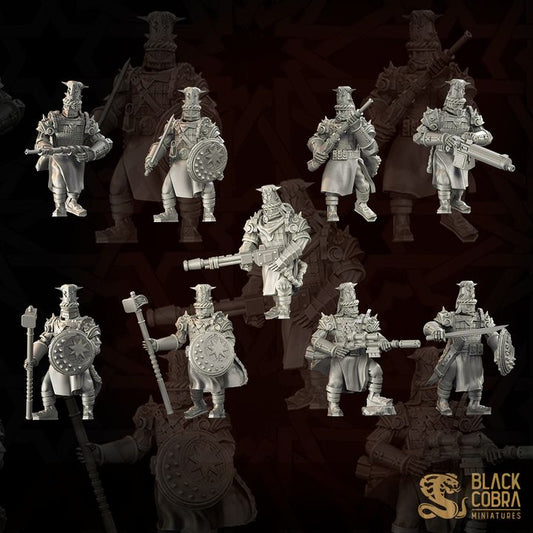 nine detailed figurines of armored knights, each with unique weapons and attire, arranged in a grid-like pattern against a dark background.