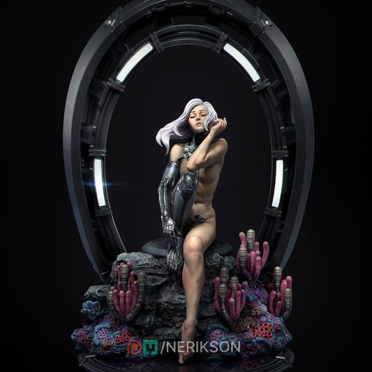 A nude female figure with long hair is depicted in a futuristic, space-themed setting, surrounded by various technological elements and marine life.