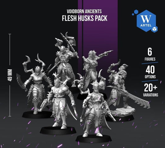 a group of six fantasy warrior figures, each with unique weapons and armor, arranged in a row against a dark background.