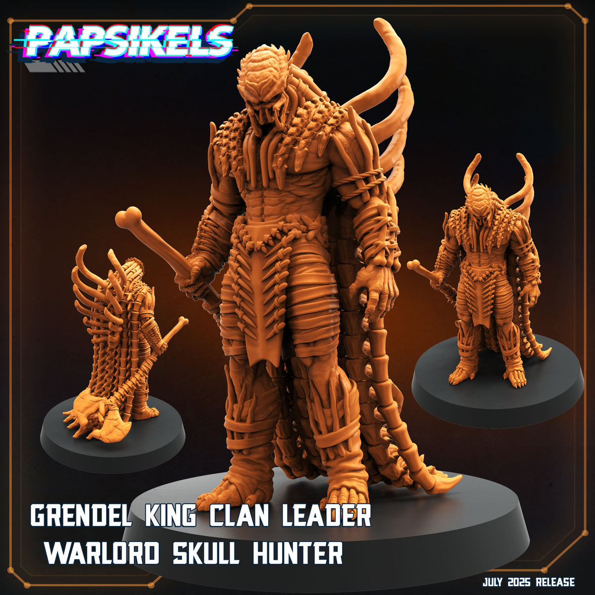 three detailed figurines of characters from the video game Papsikes, including a leader, a warrior, and a skull hunter.