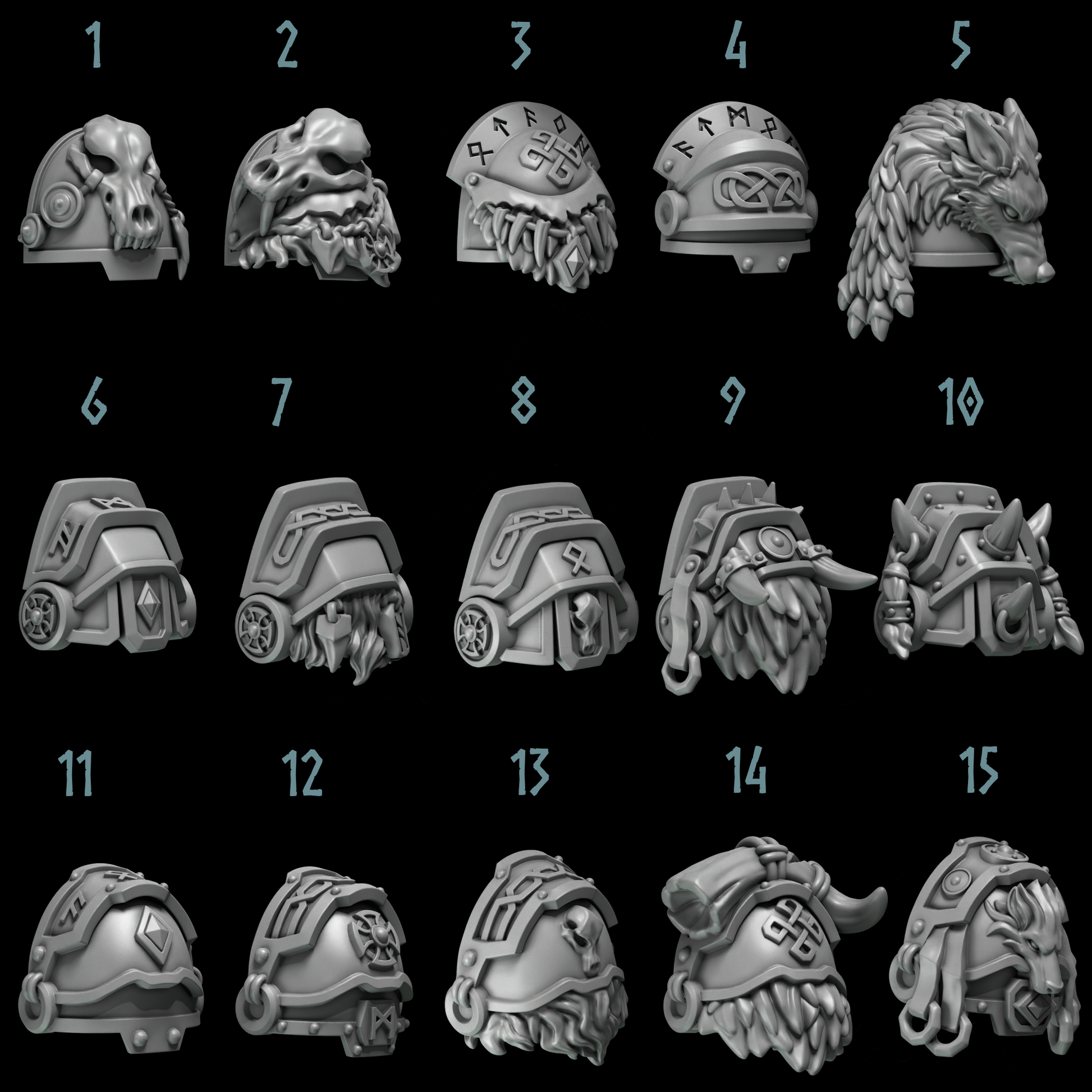 a collection of 15 different helmet designs, each with unique features and styles.