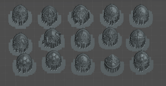 a collection of various 3D models or designs, including shields, helmets, and other metallic or metallic-looking objects. The objects appear to be in a digital format, possibly as a 3D rendering or a 3D model. The image does not contain any text or specific details about the objects, and it does not include any descriptions or explanations about the objects.