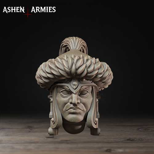 A stone statue of a man's head with a decorative headdress, displayed on a wooden surface against a dark background.