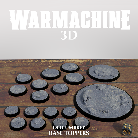 The image is a 3D rendering of a collection of base toppers, specifically the "Old Umbrey Base Toppers", displayed on a wooden surface.
