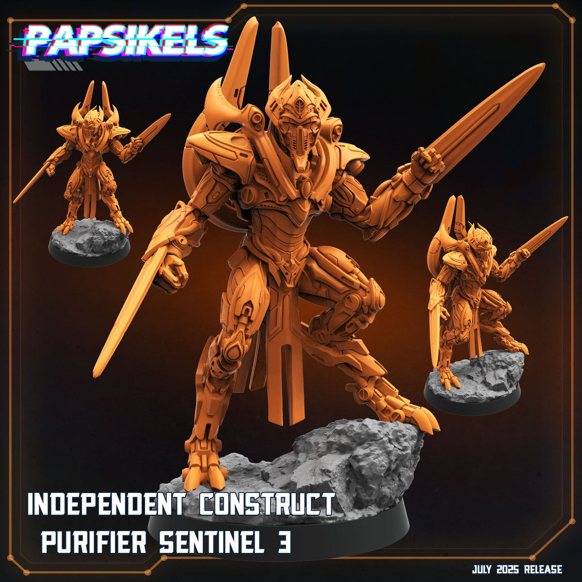 three robotic figures, each with unique armor and weapons, set against a dark background. The text "Papsikels" is visible, indicating the name of the game or series. The phrase "INDEPENDENT CONSTRUCT" and "PUIRIFIER SENTINEL 3" are also present, suggesting the title or name of the game or series. The release date "JULY 2005 RELEASE" is indicated, likely referring to the release date of the game or series.