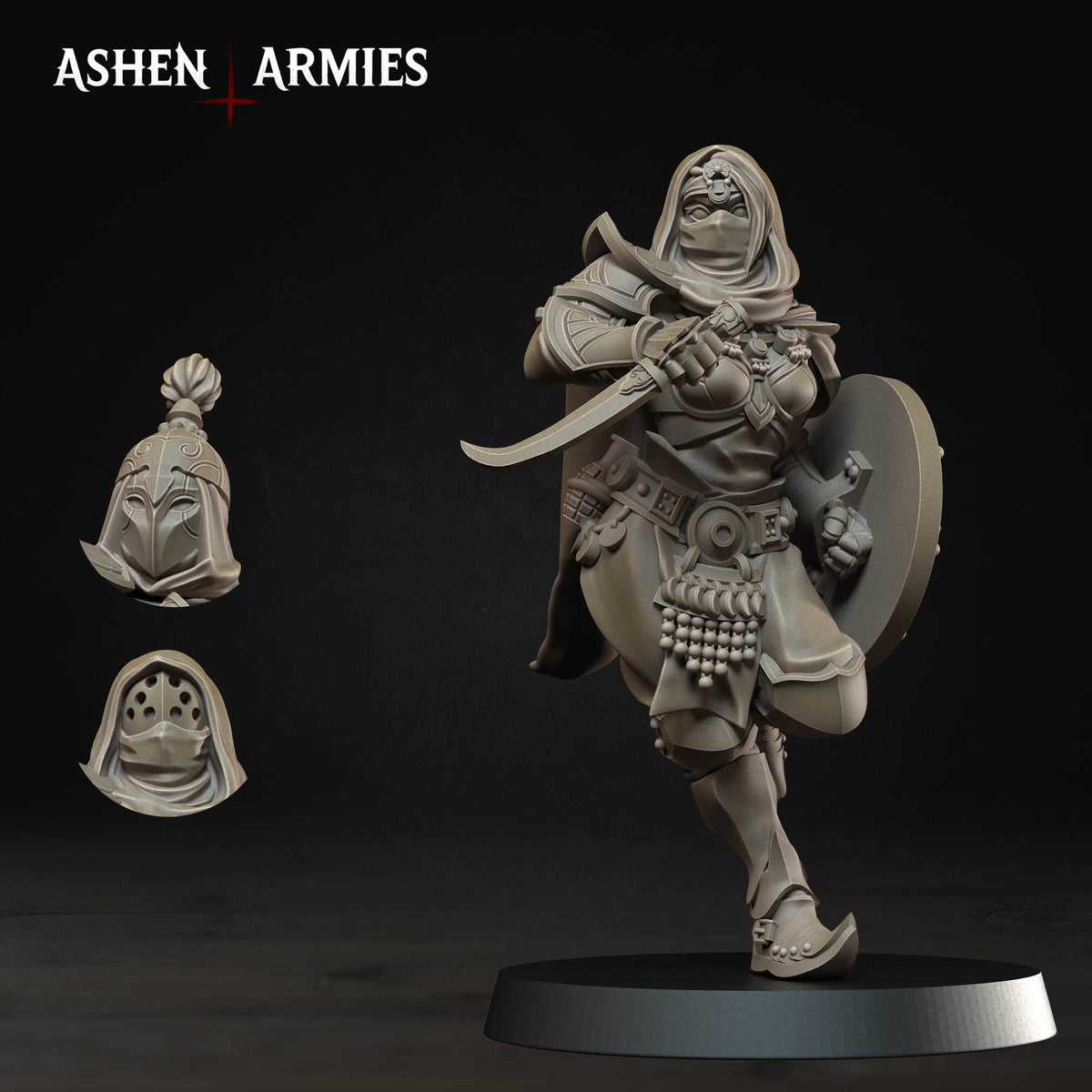 A 3D model of a female warrior figure, wearing a helmet and holding a sword and shield, standing on a platform.