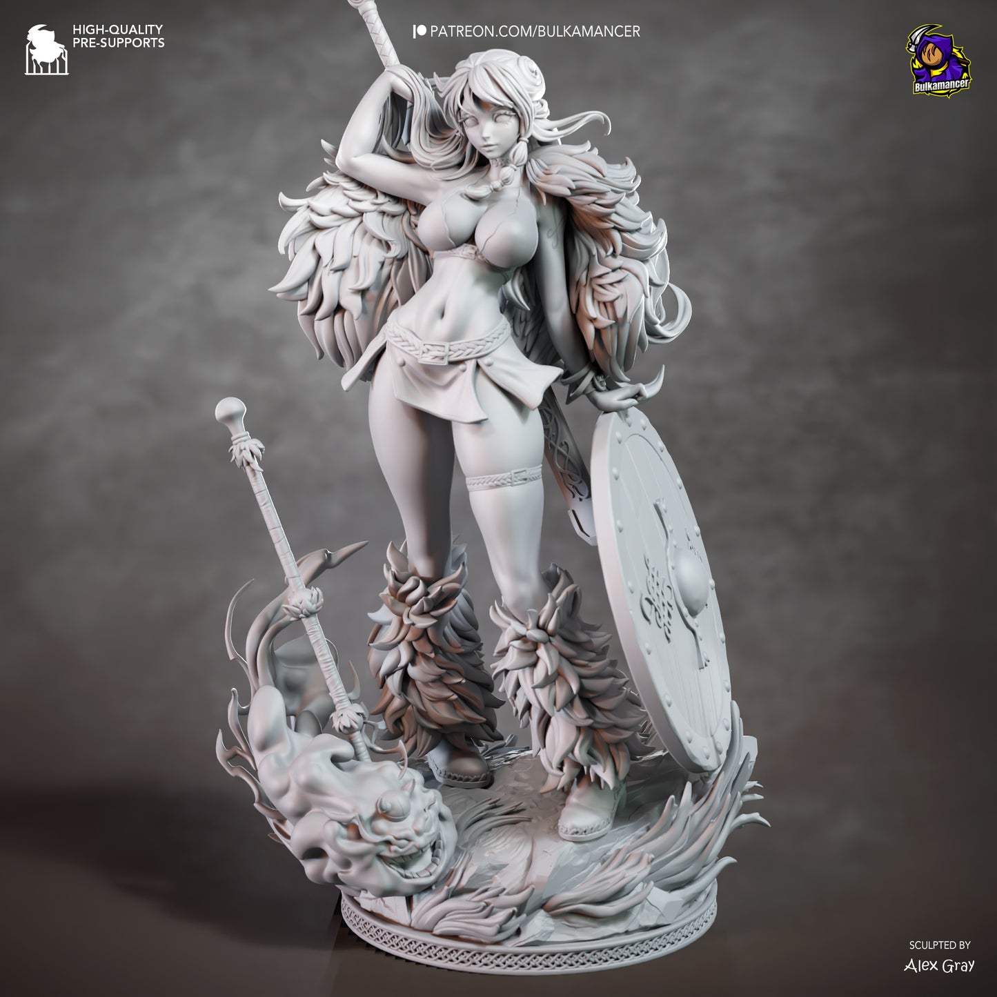 A detailed 3D model of a female warrior figure, complete with a sword, shield, and other battle-ready equipment.