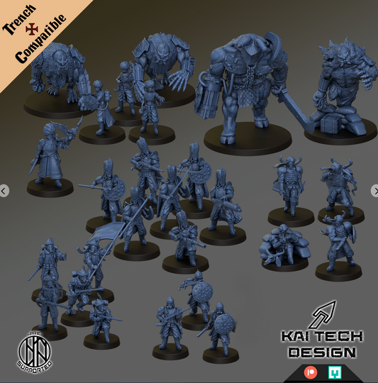 a collection of various figurines or characters, some of which appear to be from a fantasy or action-adventure game. The figurines are displayed on different bases, and they are arranged in a way that suggests they are part of a larger collection or set. The image does not contain any text that can be described in detail, and it does not include any specific actions or movements. The image does not depict any scenes or actions that are clearly visible or identifiable.