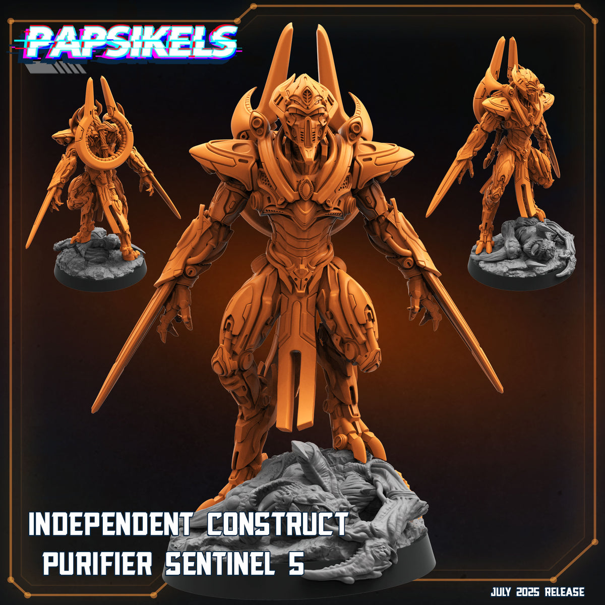 a 3D rendering of a large, metallic robot with a futuristic appearance. The robot has a large head and multiple arms, and it is standing on a rock formation. The image is a collage of three different views of the robot, and it is titled "Independent Construct" and "Purifier Sentinel S".