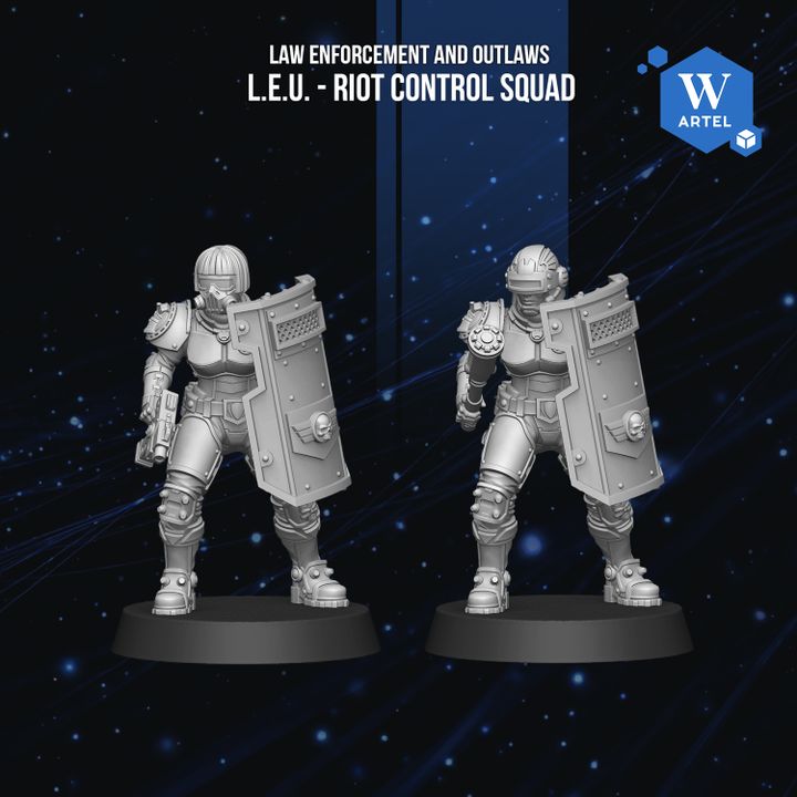 Two figures of soldiers in riot control gear, standing in front of a dark background with stars.