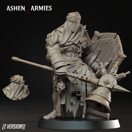 A 3D rendering of a heavily armored and battle-ready character, likely from the video game Ashen Arms. The character is holding various weapons and appears to be ready for combat.