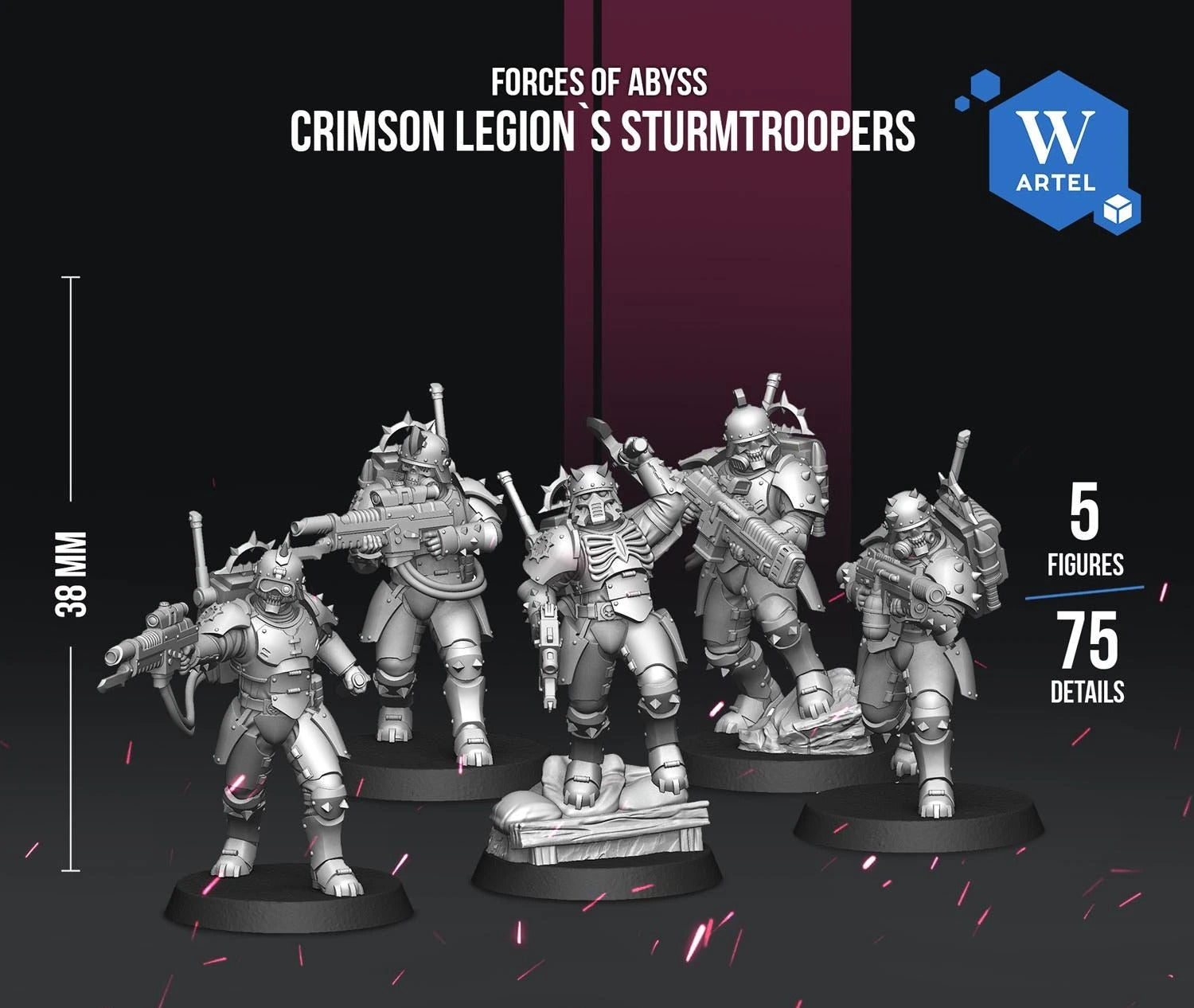The image is an advertisement for Warhammer 40,000 game pieces called the Crimson Legion, specifically the Stursttroopers. It features five detailed figures of the soldiers, each with their own weapons, set against a dark background with sparks. The ad highlights the game's features, such as its extensive collection of pieces and the fact that it is 100% supported by STL files.