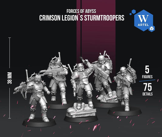 The image is an advertisement for Warhammer 40,000 game pieces called the Crimson Legion, specifically the Stursttroopers. It features five detailed figures of the soldiers, each with their own weapons, set against a dark background with sparks. The ad highlights the game's features, such as its extensive collection of pieces and the fact that it is 100% supported by STL files.