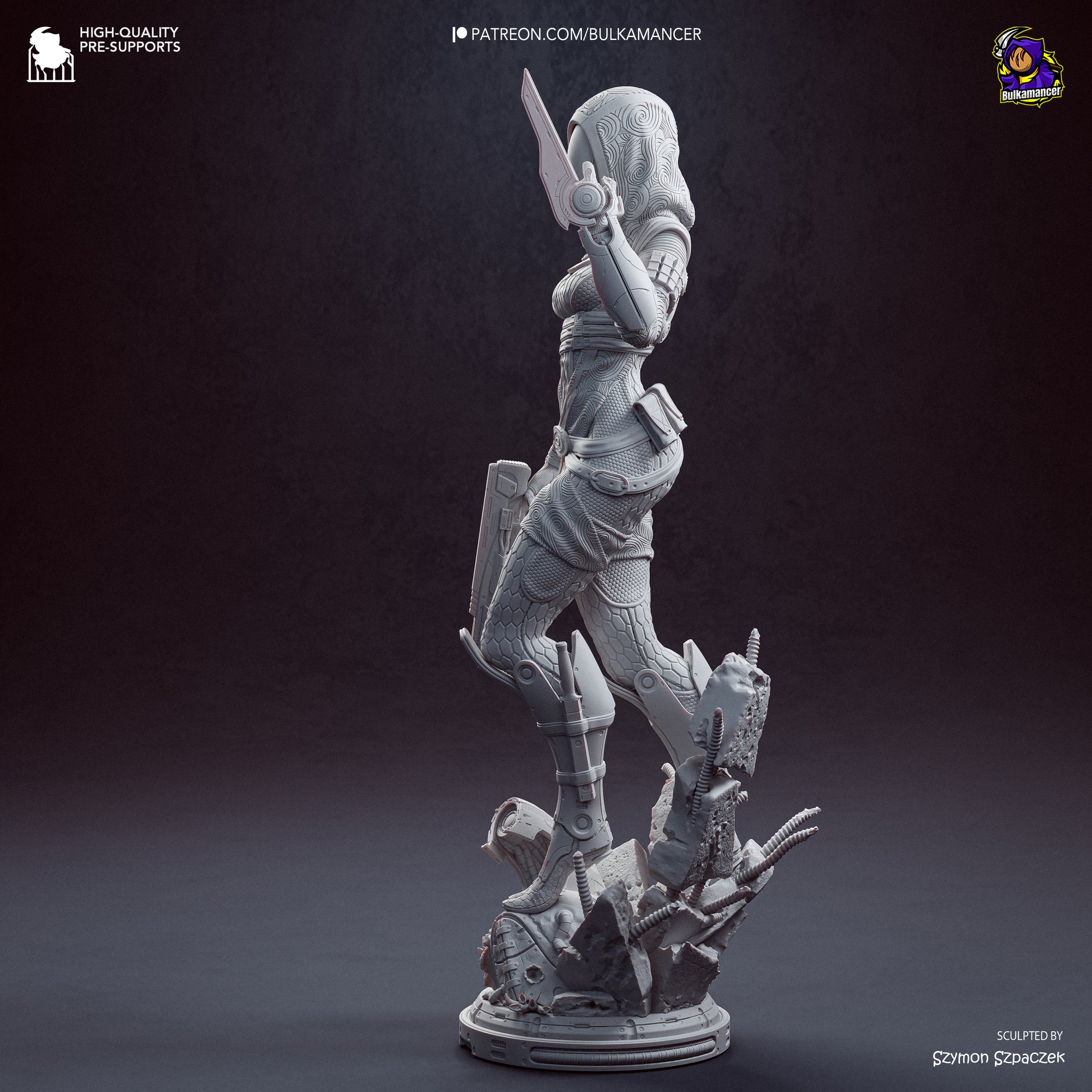 A 3D rendering of a female character holding a weapon, standing on a platform amidst rubble and debris.