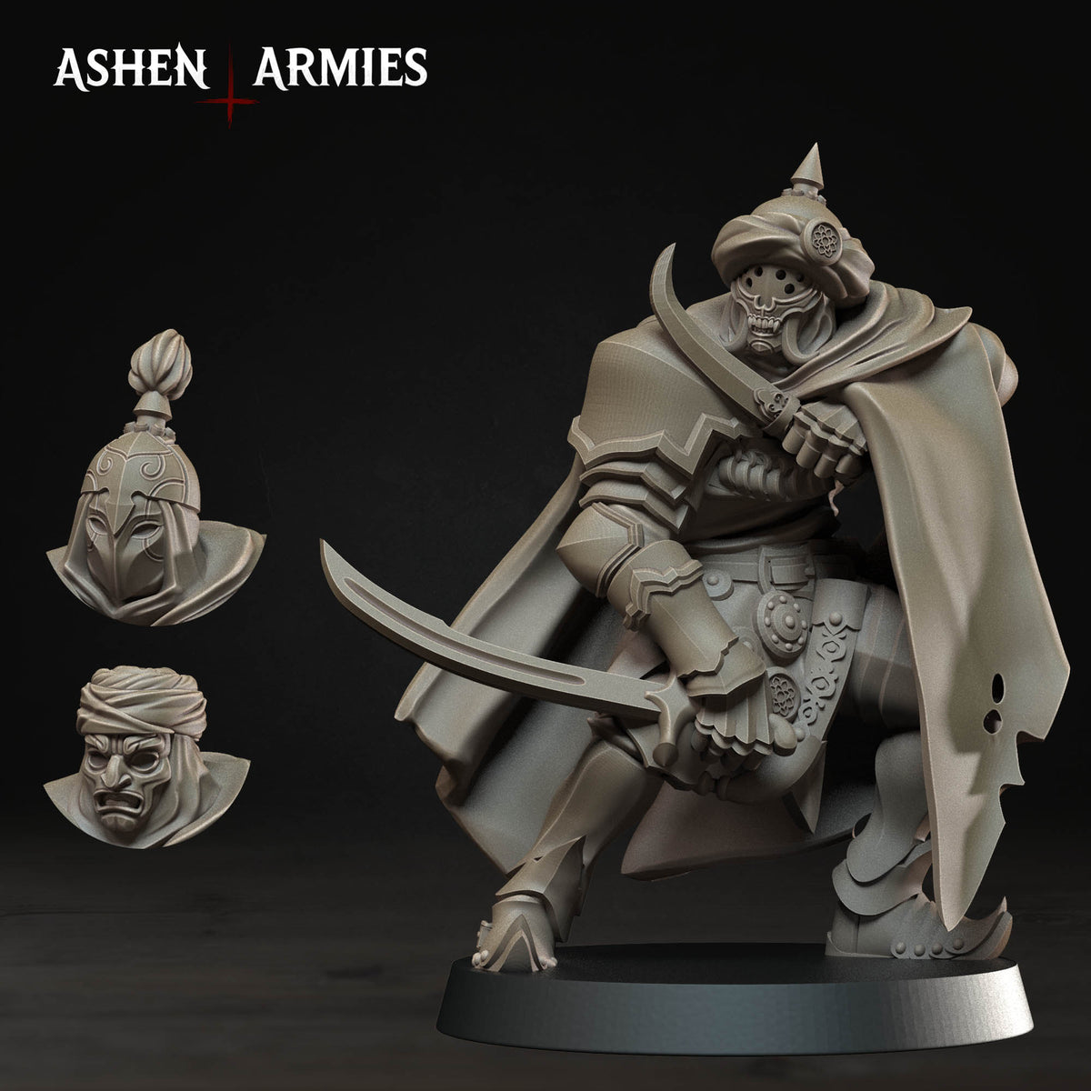 A 3D model of a warrior figure, including a helmet, sword, and other accessories, set against a dark background.