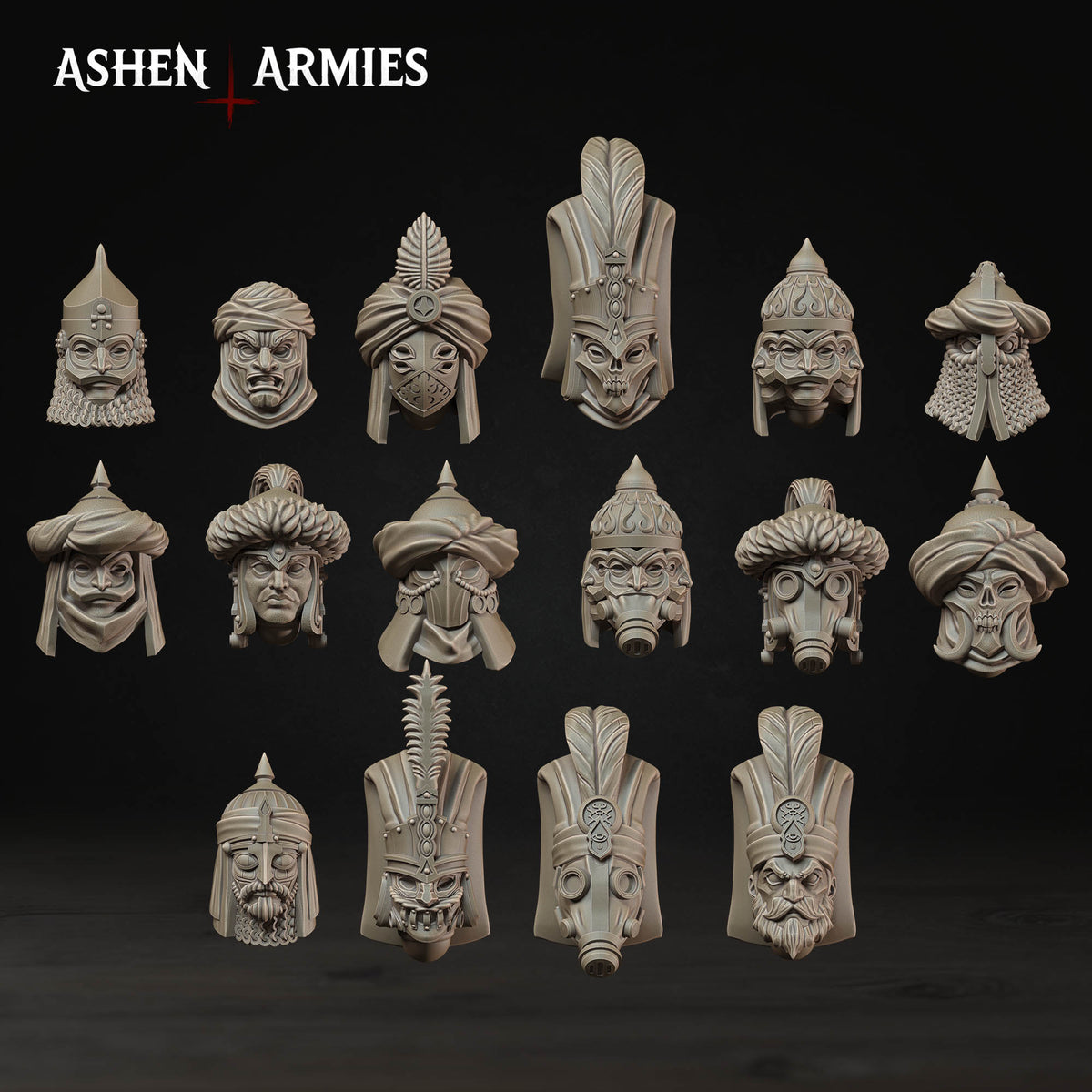 a collection of twelve distinct, intricately designed helmets or headpieces, each with unique features and designs. The helmets are arranged in a grid-like pattern against a dark background, showcasing the variety and craftsmanship of these headwear pieces.