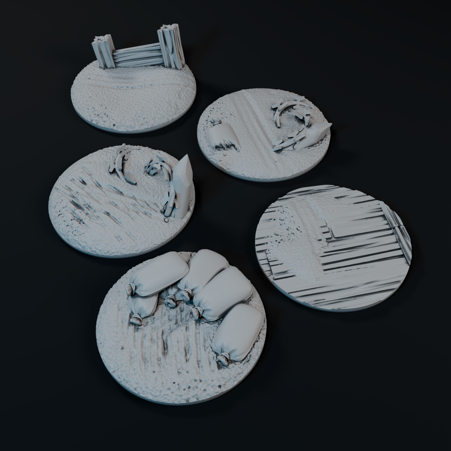 five different circular objects, each with unique textures and patterns, arranged on a dark background.