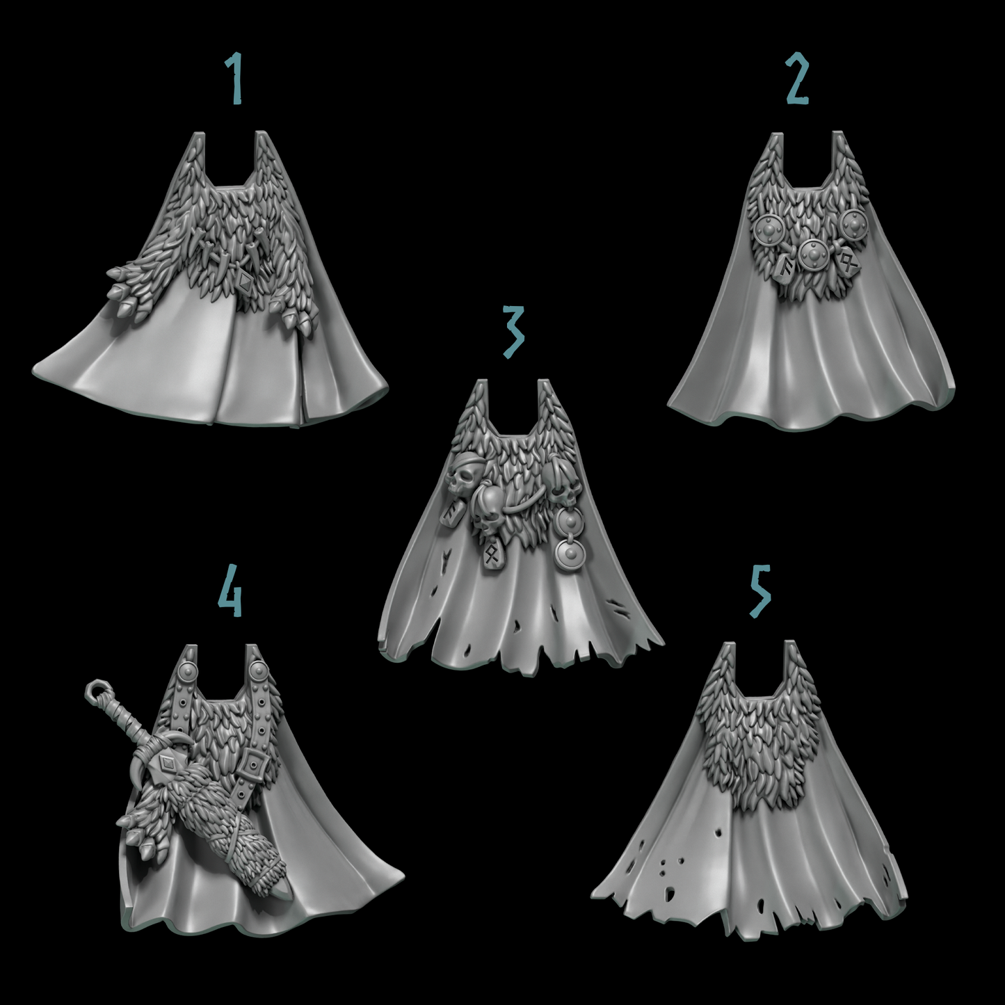 five different designs of winged garments, each with unique features and embellishments.