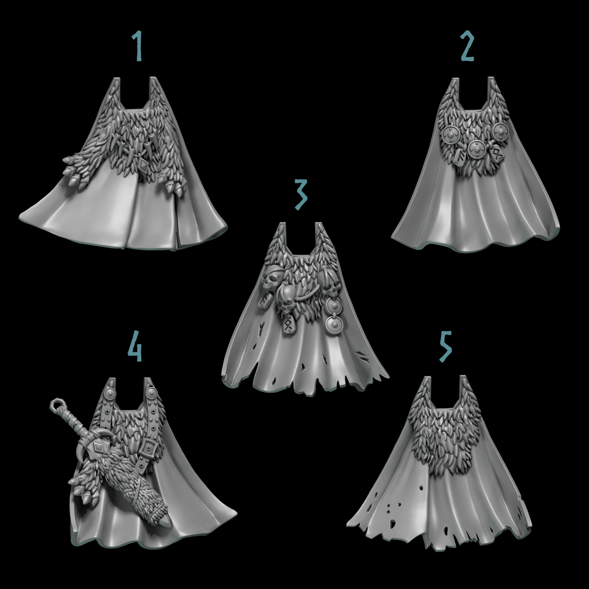 five different designs of winged garments, each with unique features and embellishments.