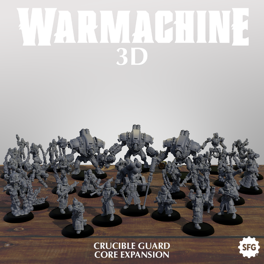 The image is a promotional poster for a video game called "Warmachine 3D". It features a large group of gray, mechanical figures arranged on a wooden surface, with the game's title prominently displayed in white text at the top.