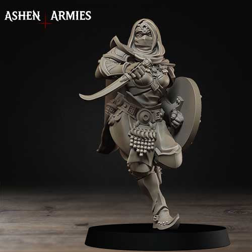 A detailed statue of a female warrior figure, wearing a headdress and holding a shield and sword, standing on a platform.