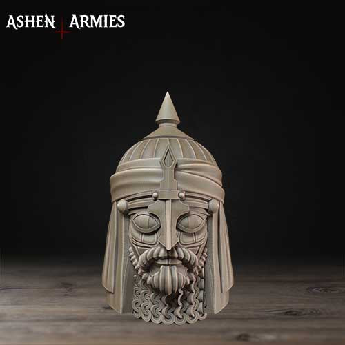 A detailed sculpture of a helmet with a pointed top and a beard, set against a dark background.