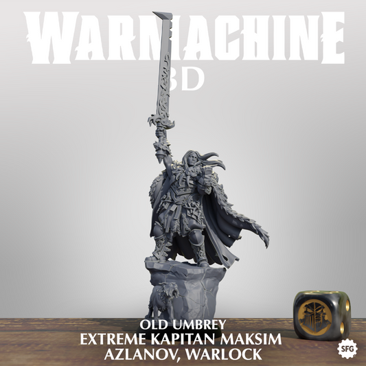 A 3D model of a warrior figure holding a sword and standing on a pedestal, with a dice and a shield in the foreground.