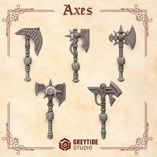 five different types of axes, each with unique designs and features, displayed against a beige background with decorative borders.