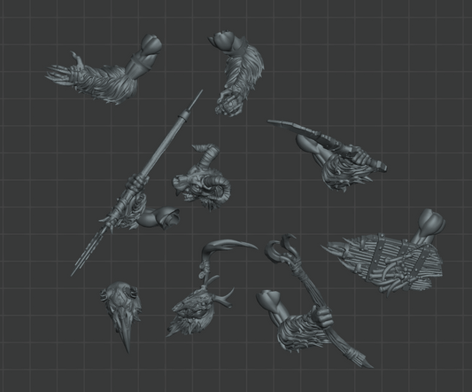 various weapons and armor pieces, including swords, spears, and shields, arranged in a grid-like pattern against a dark background.