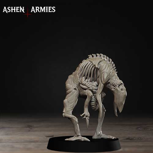 A 3D model of a skeletal creature, possibly a dinosaur or a humanoid figure, standing on a black base against a dark background.