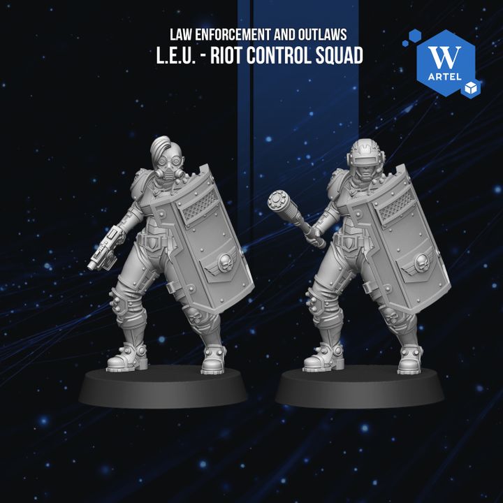 Two white armored figures, one holding a weapon and the other a shield, stand against a dark background with stars.