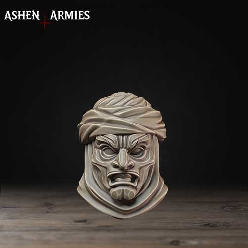 A carved wooden mask with a fierce expression, displayed against a dark background.