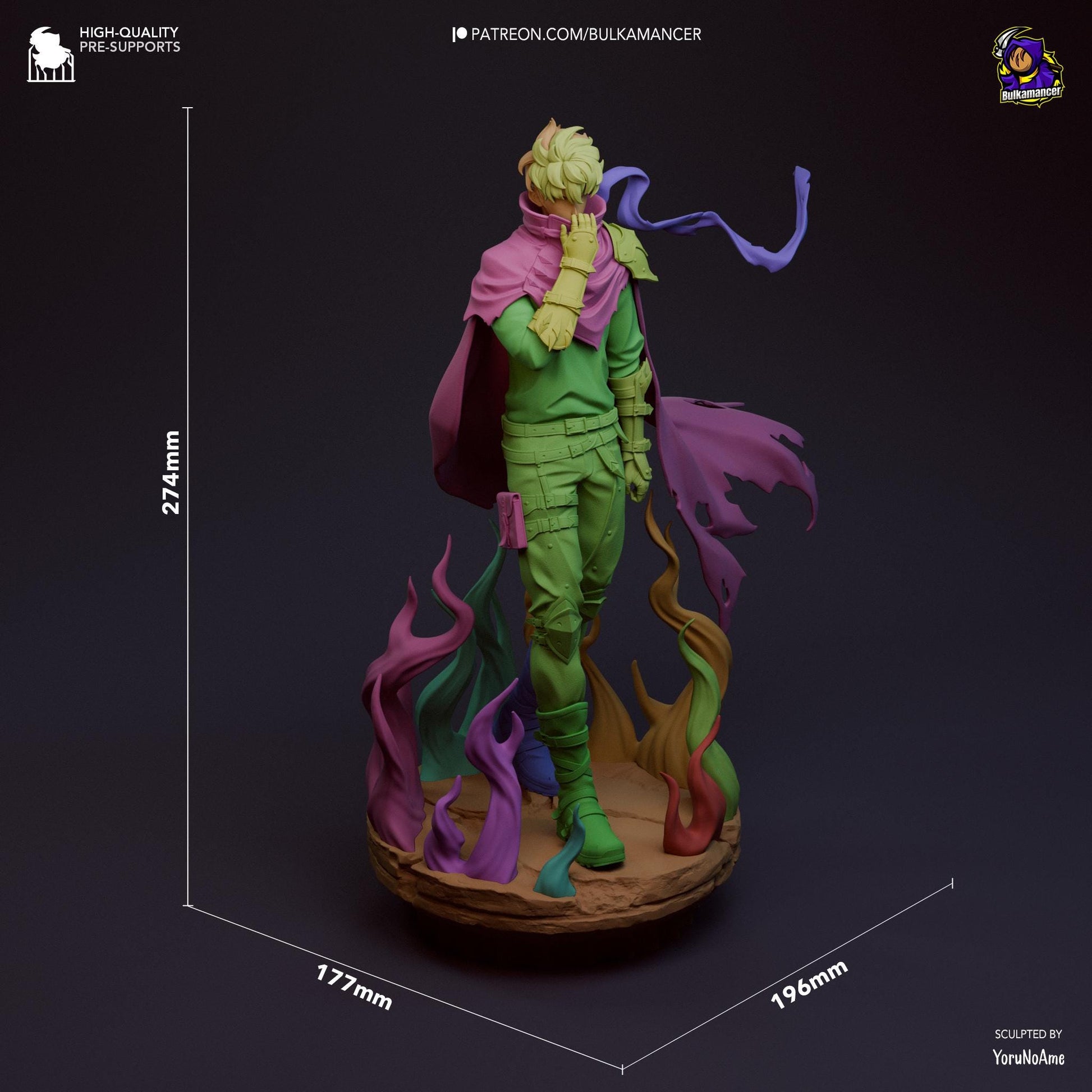 a figurine of a man in a green suit with a purple cape and