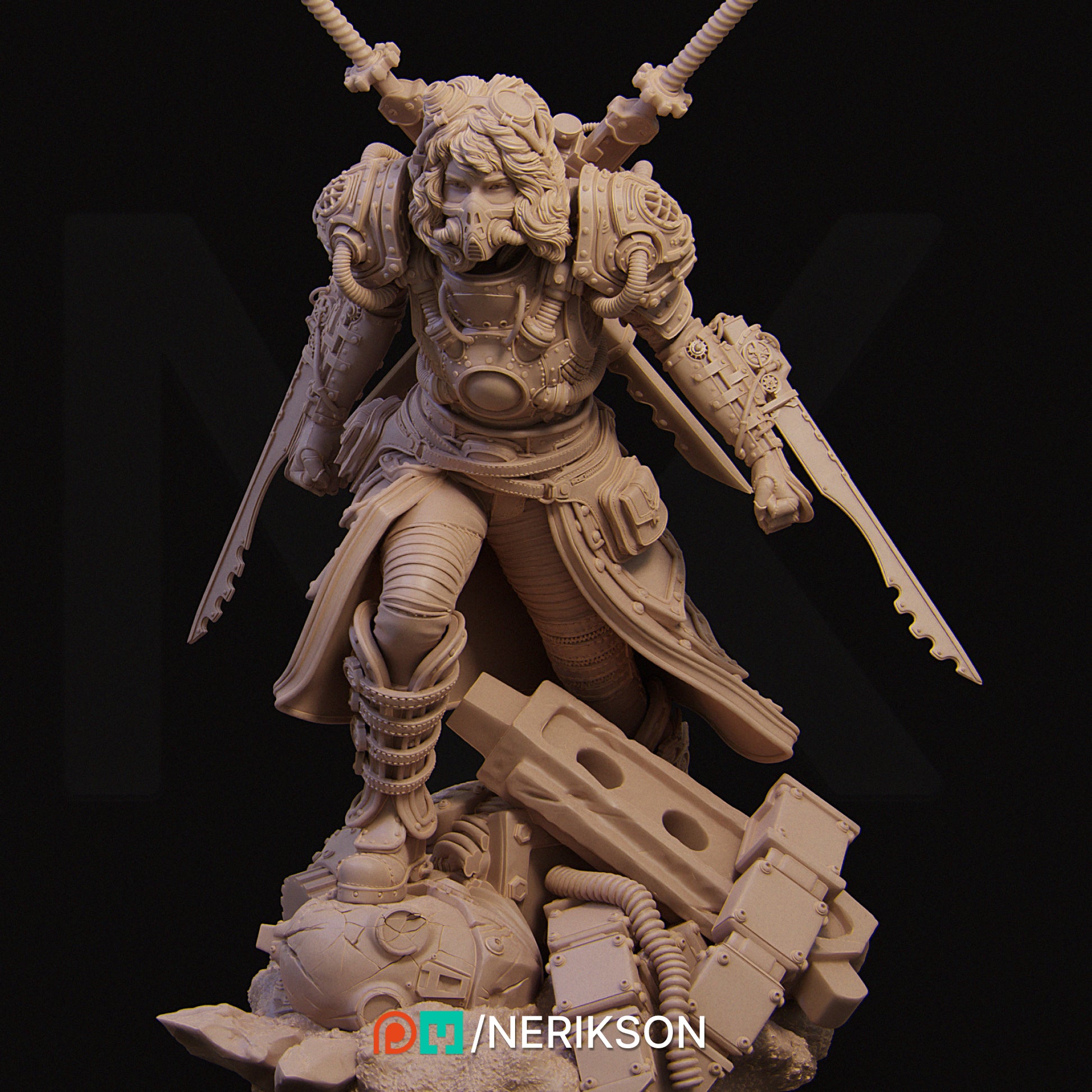 A detailed 3D model of a futuristic warrior figure, with intricate armor and weapons, standing on a pile of rubble.