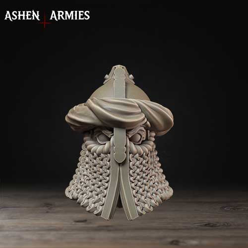 A detailed sculpture of a helmet with a chainmail design, set against a dark background.