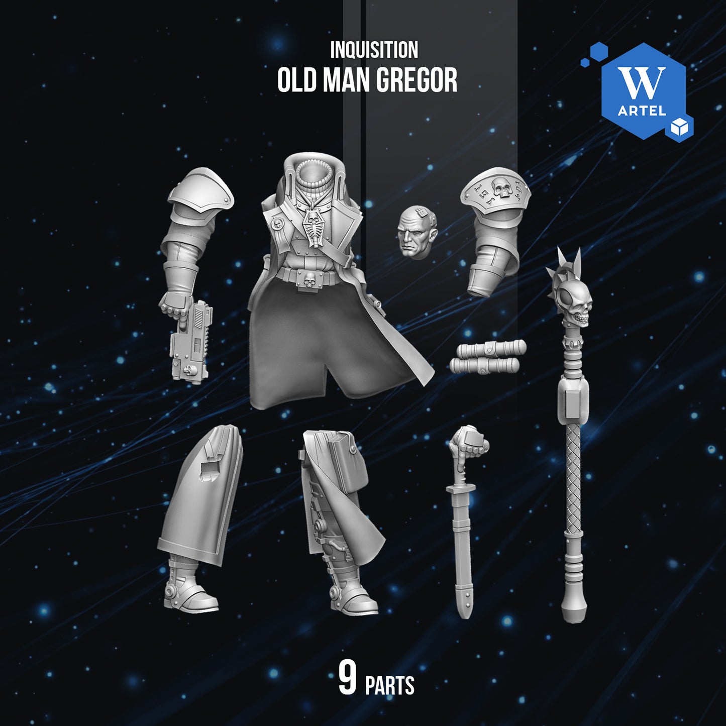 The image is a promotional poster for a video game called "Inquisition" featuring a character named "Old Man Gregor". The poster includes various parts of the character's outfit, such as a helmet, a sword, and a staff, as well as a skull and crossbones symbol. The poster also includes the text "Inquisition", "OLD MAN GREGOR", and "9 PARTS" indicating the number of parts available for the character.