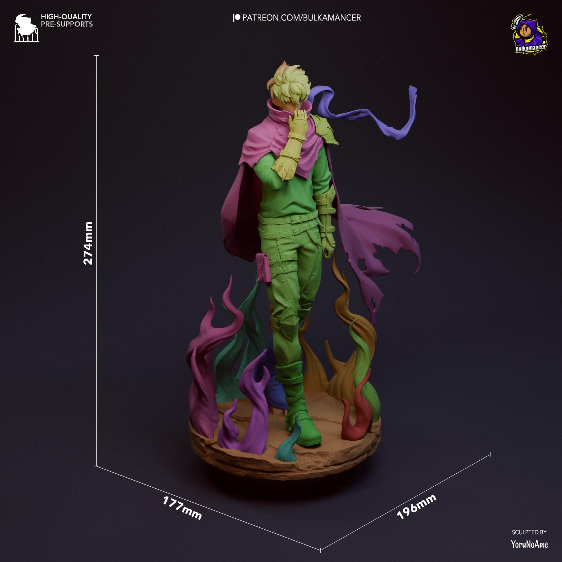 a figurine of a man in a green suit with a purple cape and
