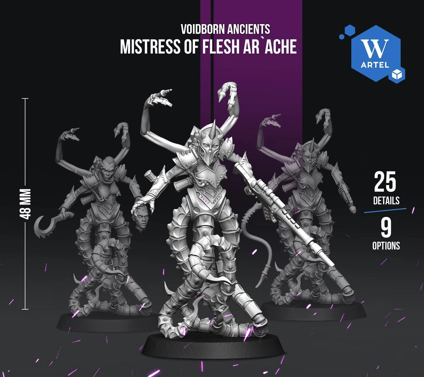The image is a promotional advertisement for a tabletop roleplaying game called "Voidborn Classics: Mistress of Flesh Arache". It features three detailed 3D models of the game's characters, each with unique abilities and weapons. The models are set against a dark background with purple and white accents, creating a striking visual effect. The advertisement highlights the game's 25 supported options and 100% supported files, emphasizing its comprehensive nature.