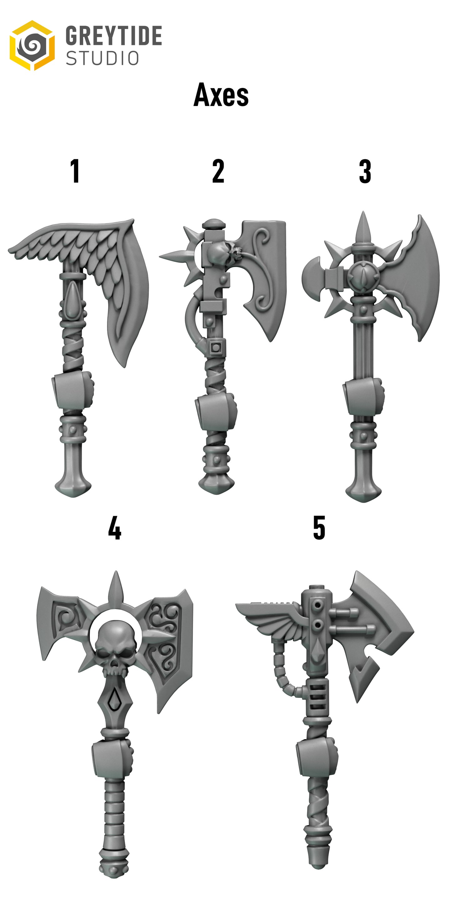 five different fantasy weapons, each with unique designs and features. The weapons appear to be axes, as indicated by the text " Axes" at the top of the image.