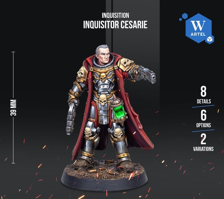 a detailed model of a character from the video game Warhammer 40,000, specifically the character known as the Inquisitor. The character is standing in a fighting stance, wearing a red cape and a suit of armor with various weapons. The image is a collage of multiple images, and it is described as a "collage of multiple images" and "a collage of multiple images" without providing specific details about each individual image.