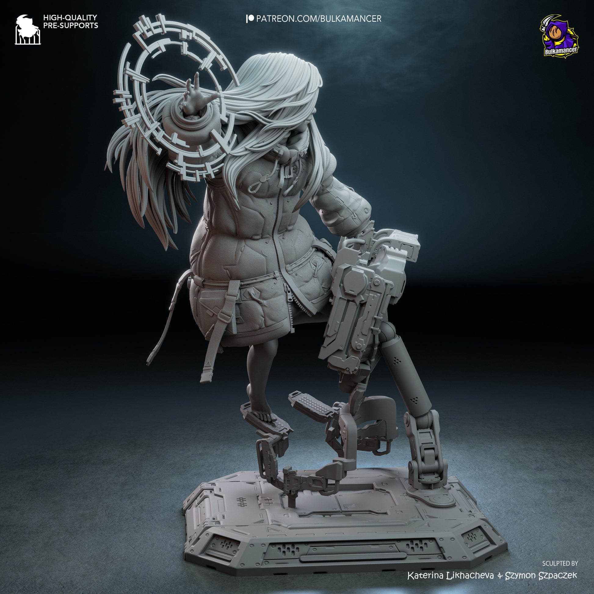 A 3D rendering of a futuristic character with long hair, wearing a jacket and holding a large mechanical device. The character appears to be a female figure with a mechanical or robotic appearance.