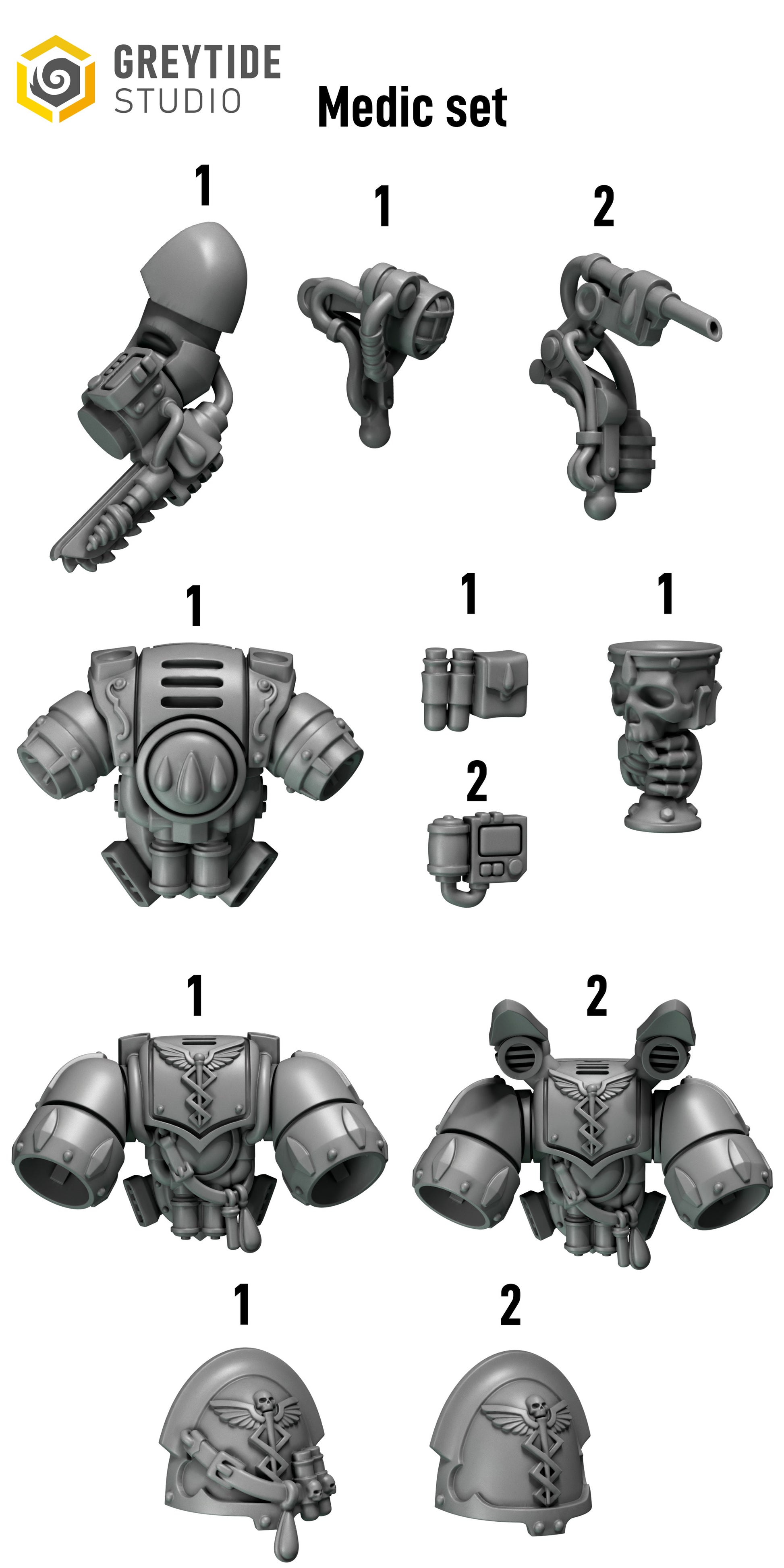nine different medical set pieces, including various types of armor, weapons, and medical equipment.