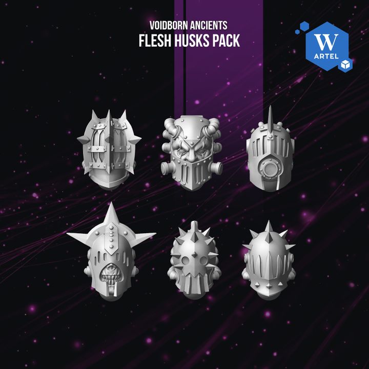 six different skull-like helmets or headgear, each with unique features and designs, arranged in a grid against a dark purple background with stars.