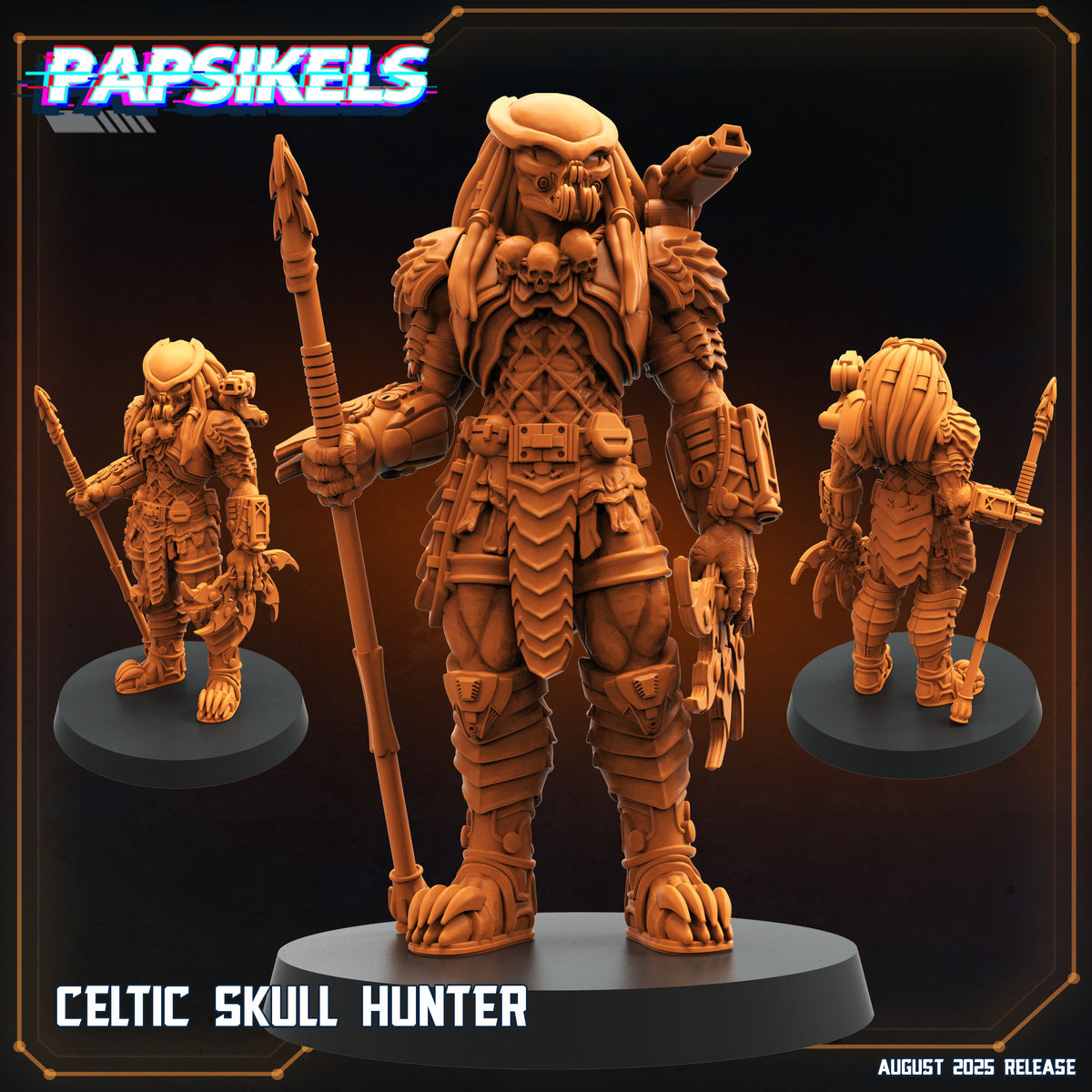 a Celtic Skull Hunter figurine, a 3D model of a character with a skull-like appearance and a spear.