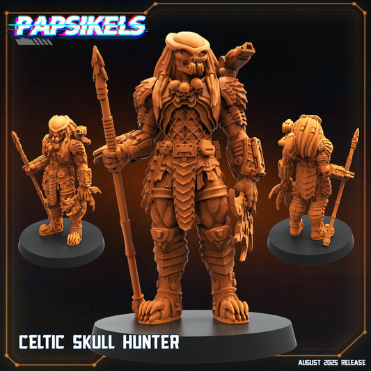 a Celtic Skull Hunter figurine, a 3D model of a character with a skull-like appearance and a spear.
