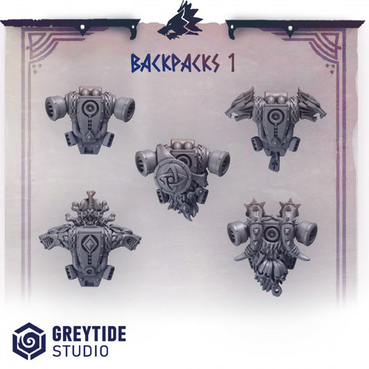 five different designs of futuristic-looking backpacks, each with unique features and designs.