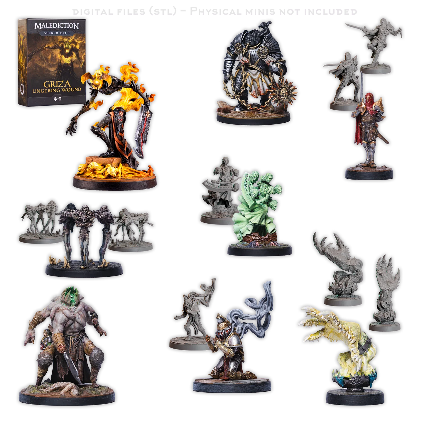 a collection of various figurines and models, including fantasy creatures and characters, displayed on a black background.
